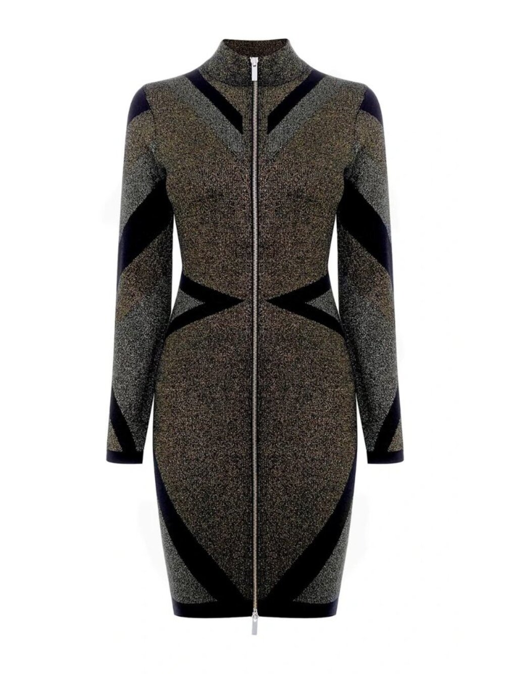 Karen Millen Metallic Bandage Knit knit sheath Dress Front Zip Gold Black  4-6